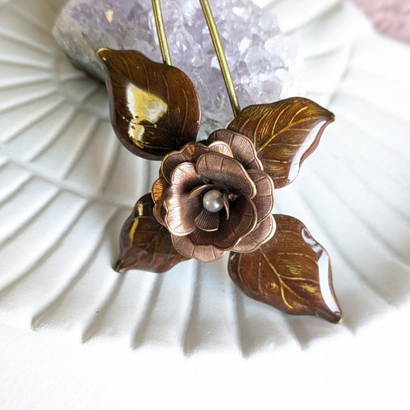 Brown Flower Handpainted Brooch, Copper Flower Scarf Pin, Fall Coat Pin, Hat Pin - Picture 7 of 9